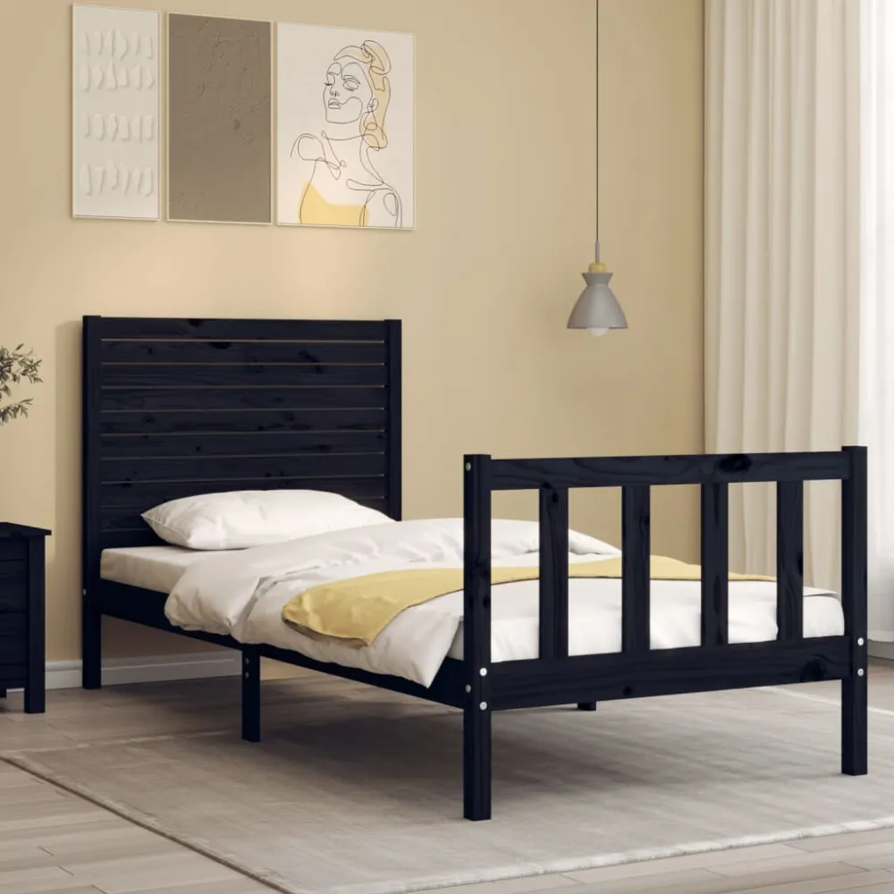 Bedframe met hoofdbord massief hout zwart
