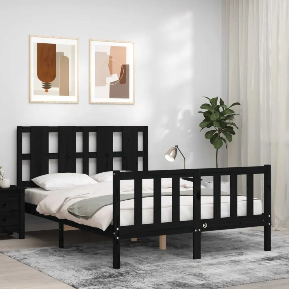 Bedframe met hoofdbord massief hout zwart 140x190 cm