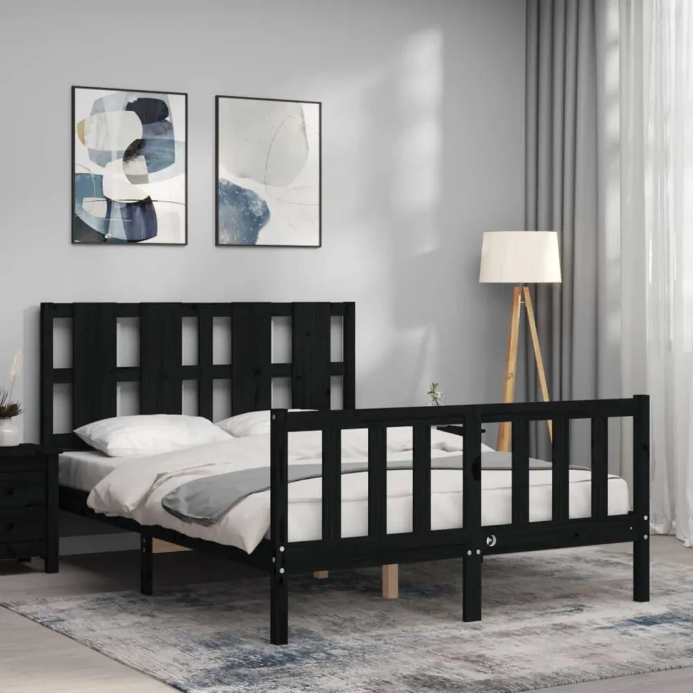 Bedframe met hoofdbord massief hout zwart 140x190 cm