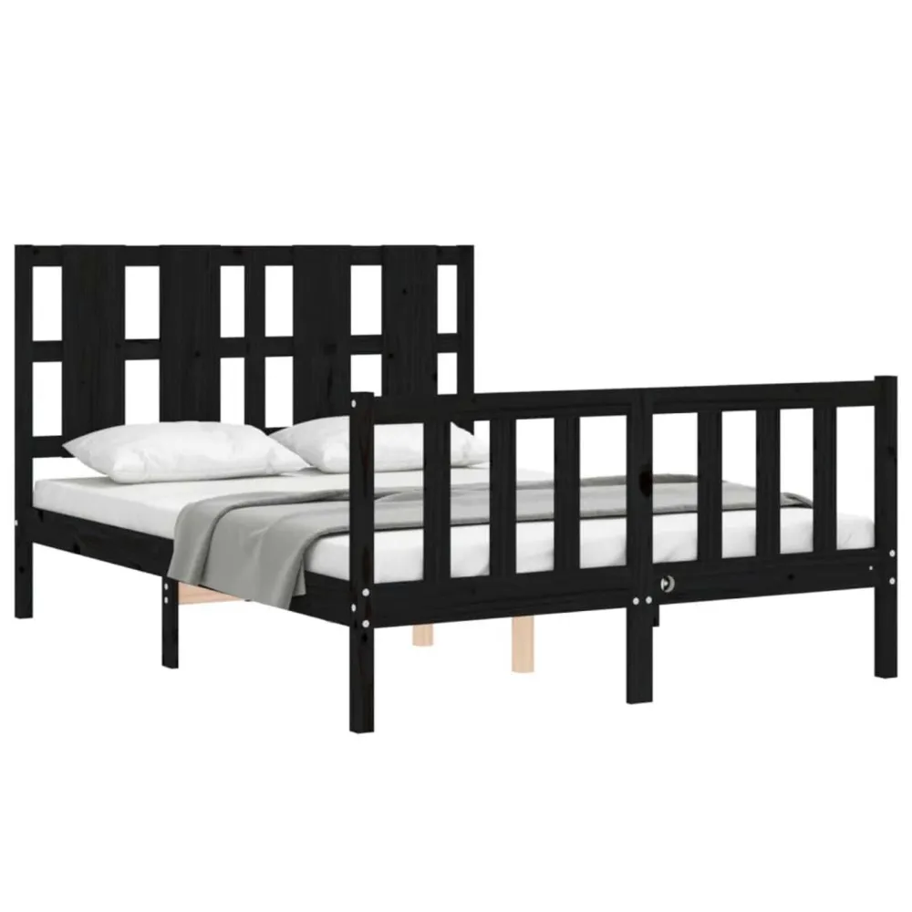 Bedframe met hoofdbord massief hout zwart 140x190 cm