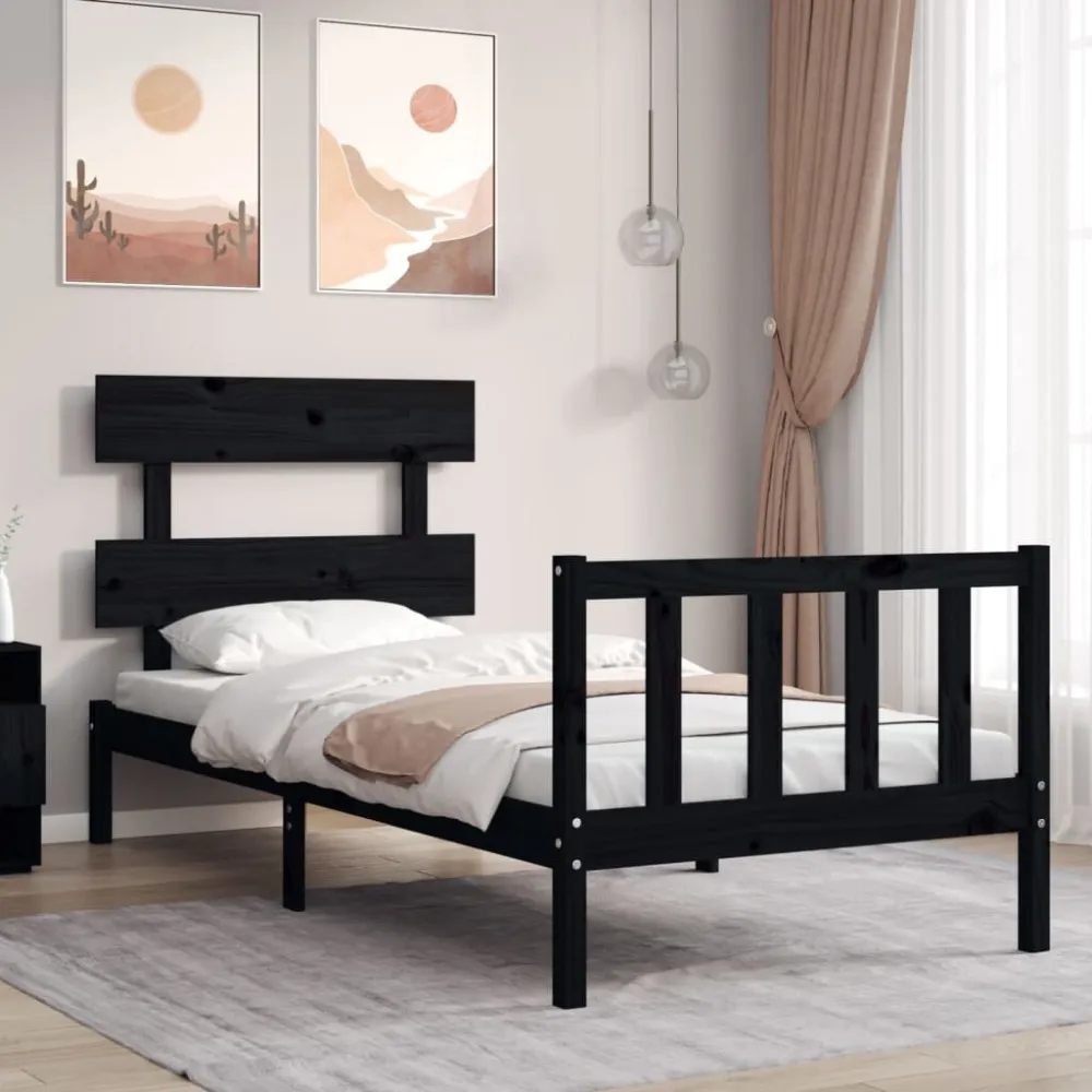 Bedframe met hoofdbord massief hout zwart