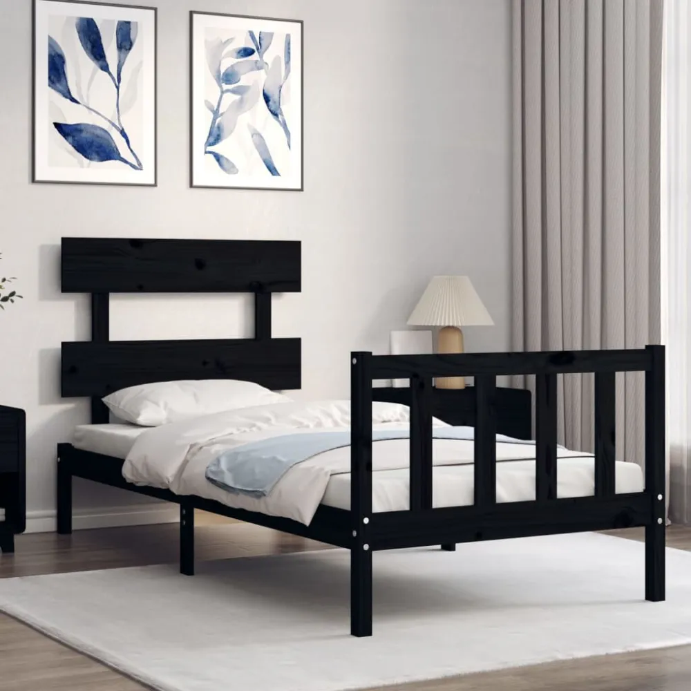 Bedframe met hoofdbord massief hout zwart