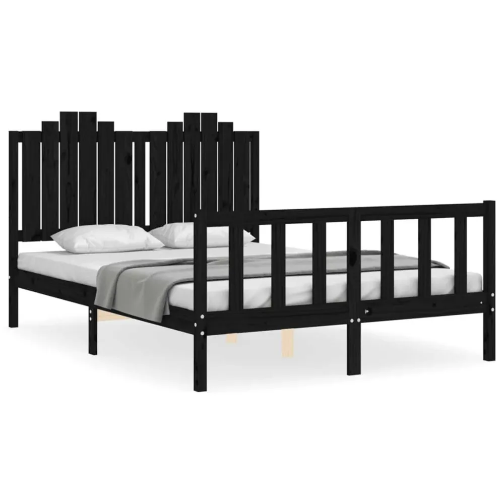 Bedframe met hoofdbord massief hout zwart 140x190 cm