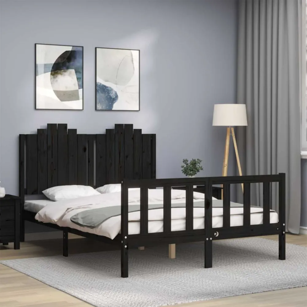 Bedframe met hoofdbord massief hout zwart 140x190 cm