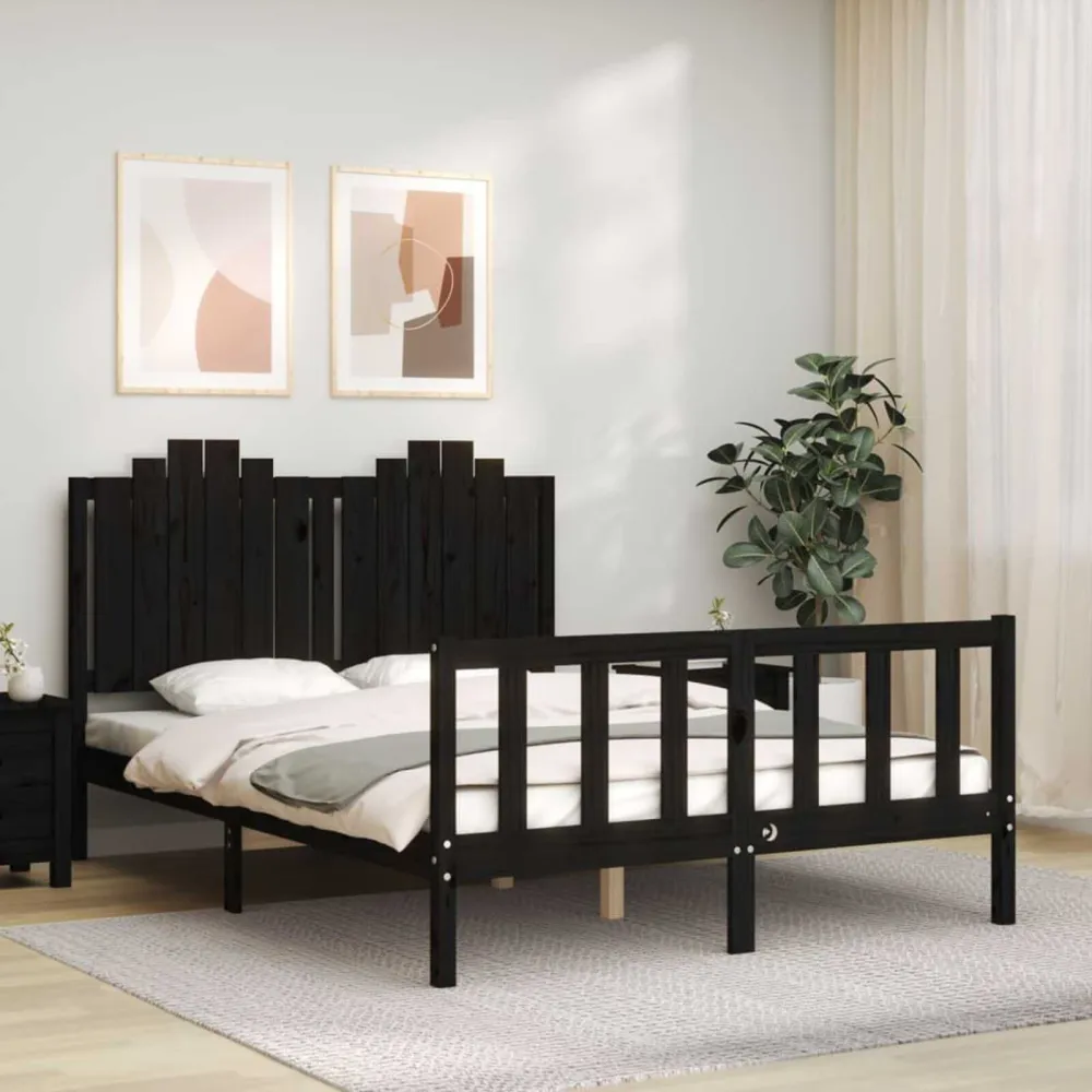 Bedframe met hoofdbord massief hout zwart 140x190 cm