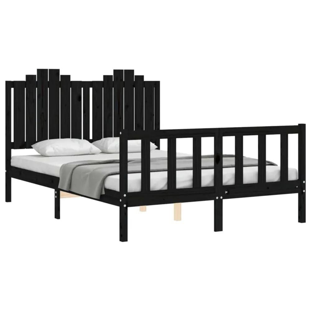 Bedframe met hoofdbord massief hout zwart 140x190 cm