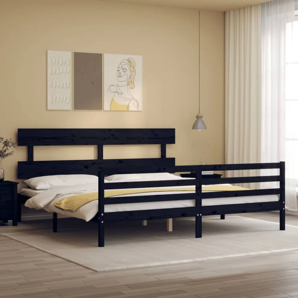 Bedframe met hoofdbord massief hout zwart 200x200 cm
