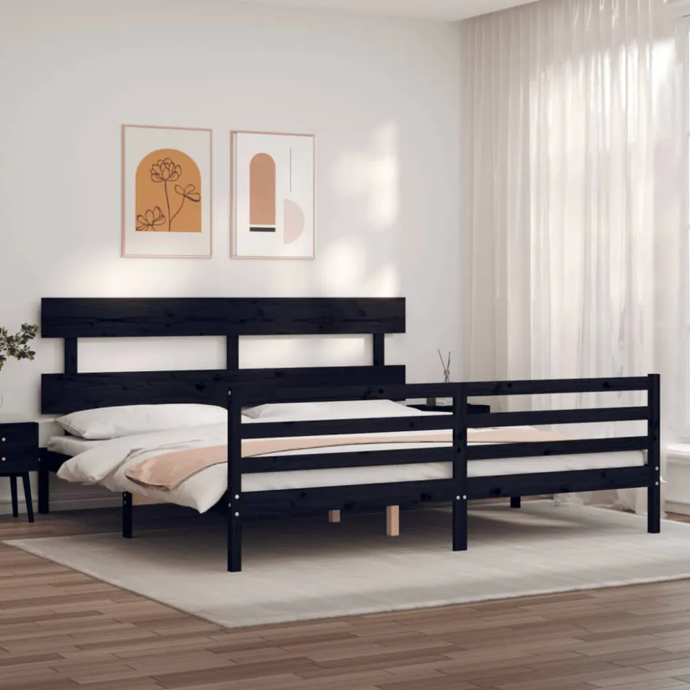 Bedframe met hoofdbord massief hout zwart 200x200 cm