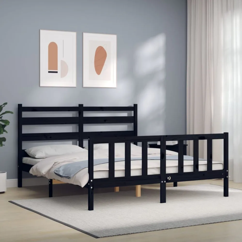 Bedframe met hoofdbord massief hout zwart