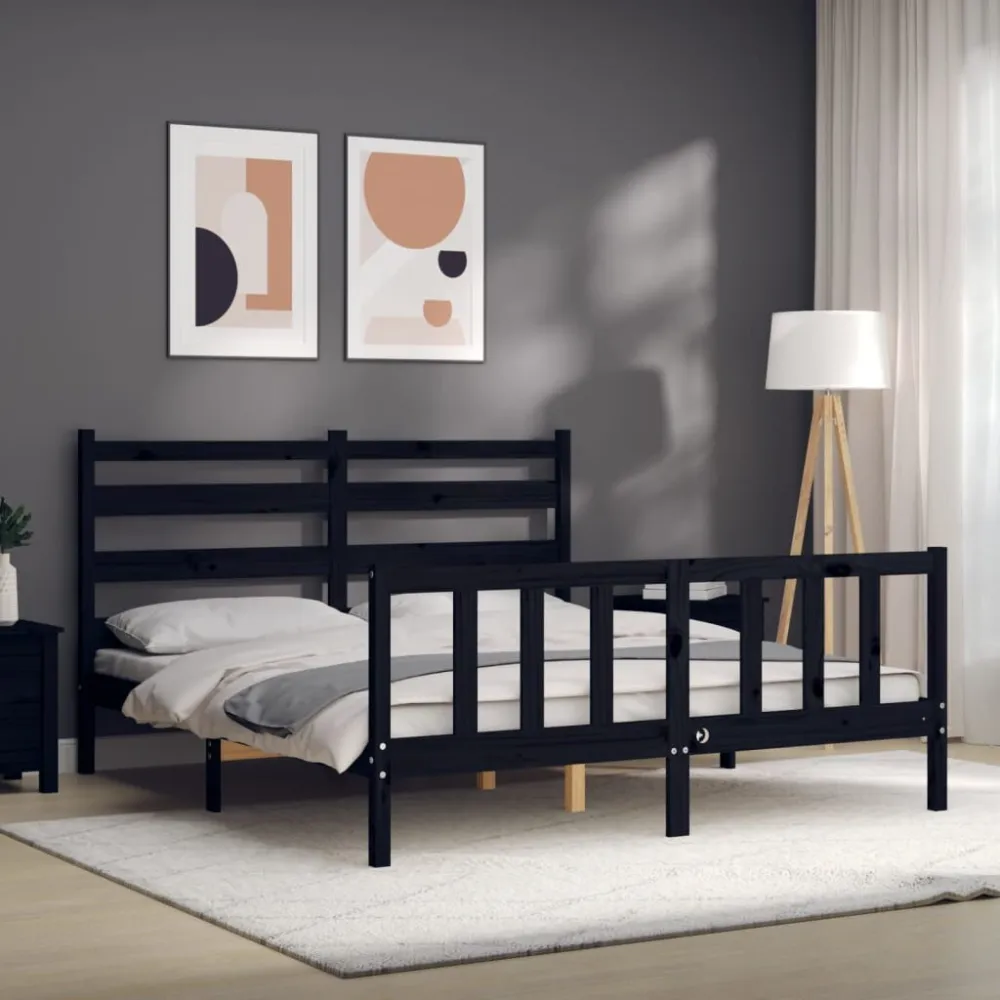 Bedframe met hoofdbord massief hout zwart