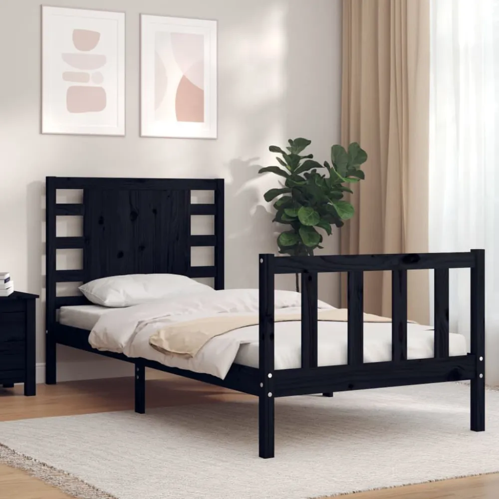 Bedframe met hoofdbord massief hout zwart