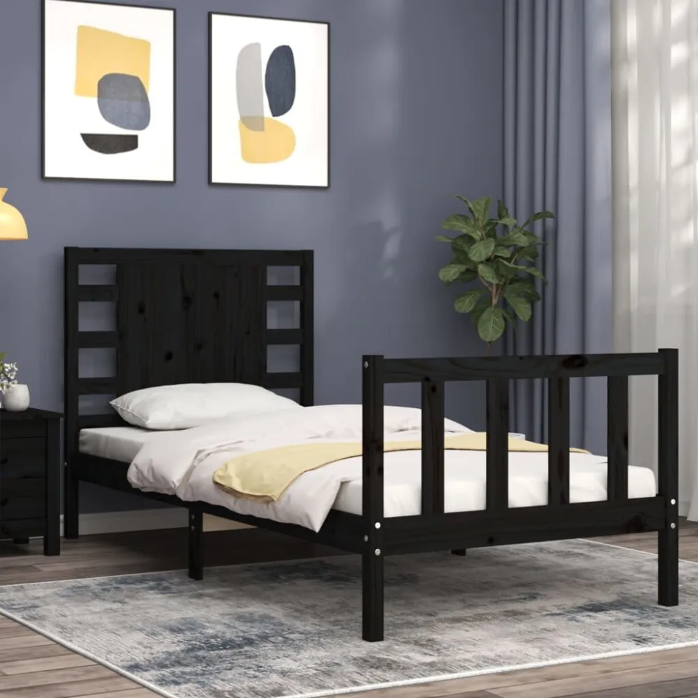 Bedframe met hoofdbord massief hout zwart