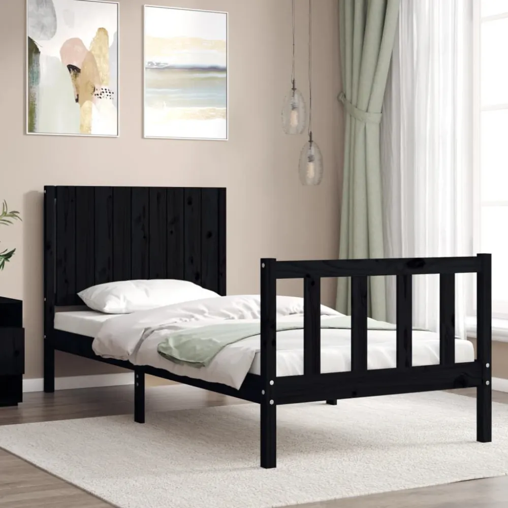 Bedframe met hoofdbord massief hout zwart