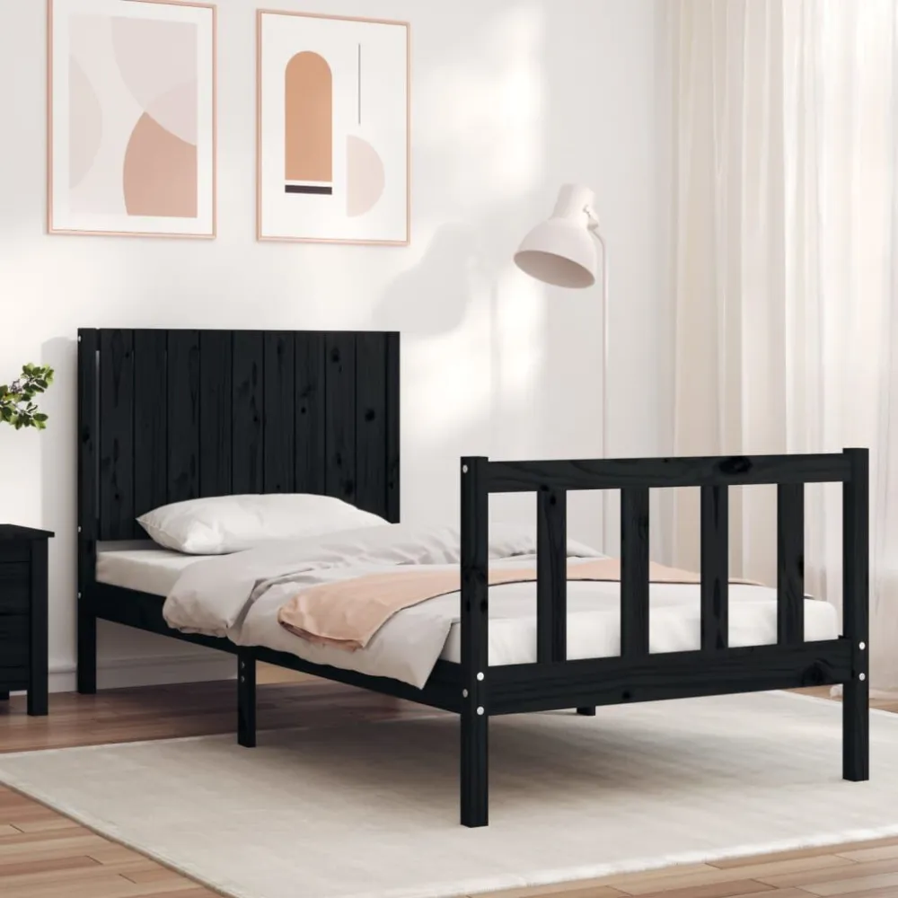 Bedframe met hoofdbord massief hout zwart