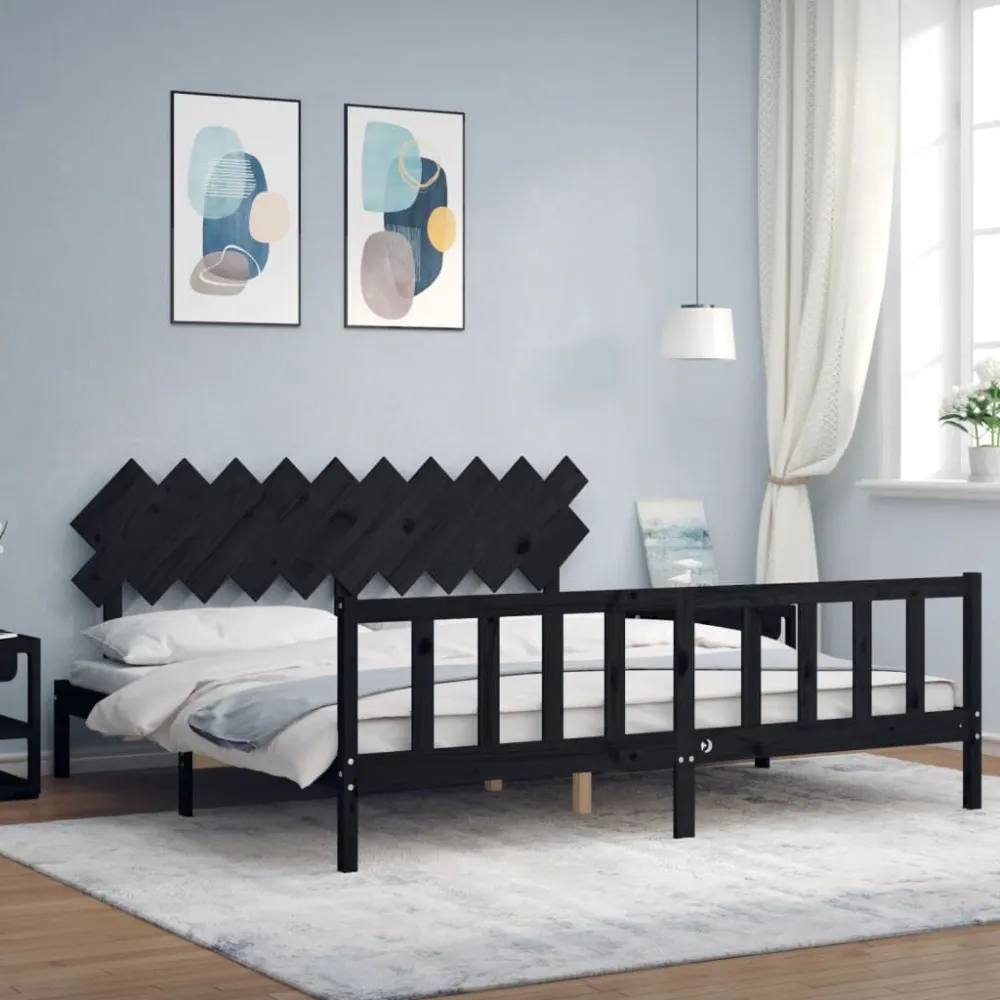 Bedframe met hoofdbord massief hout zwart 200x200 cm