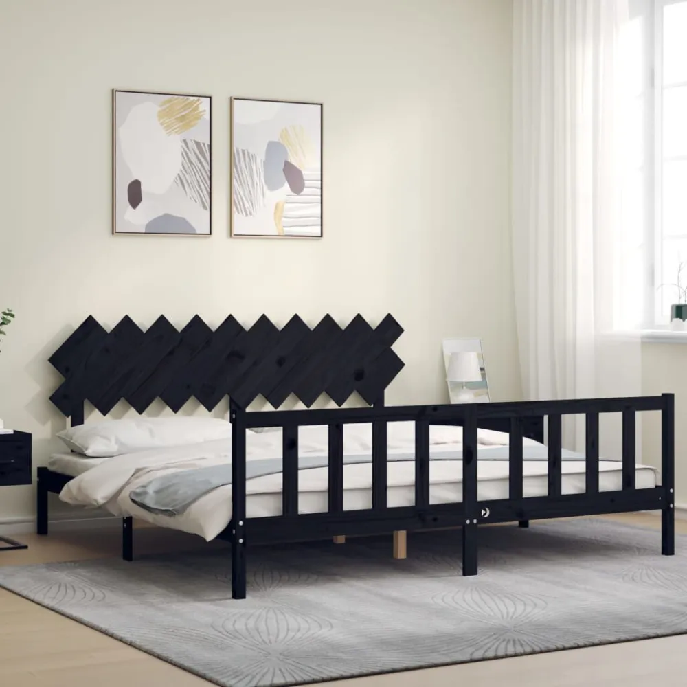Bedframe met hoofdbord massief hout zwart 200x200 cm