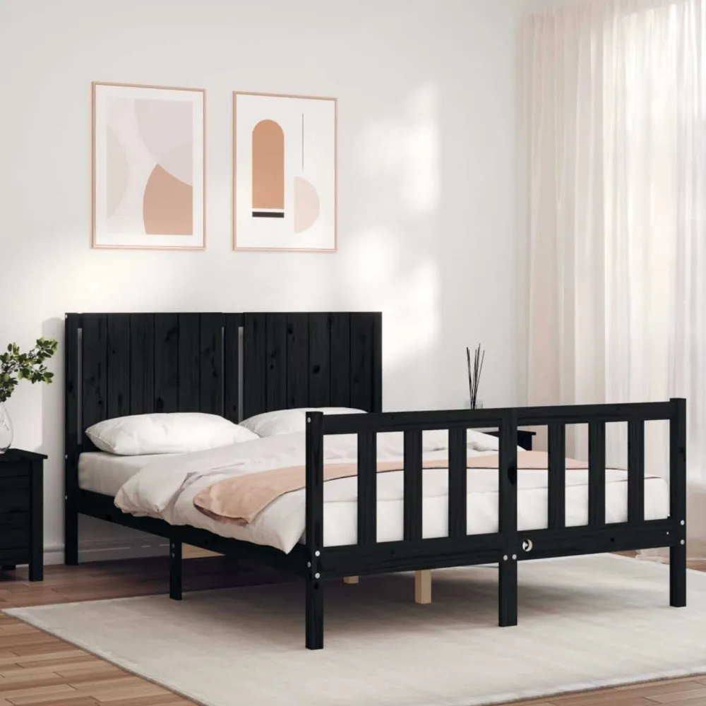 Bedframe met hoofdbord massief hout zwart 140x190 cm
