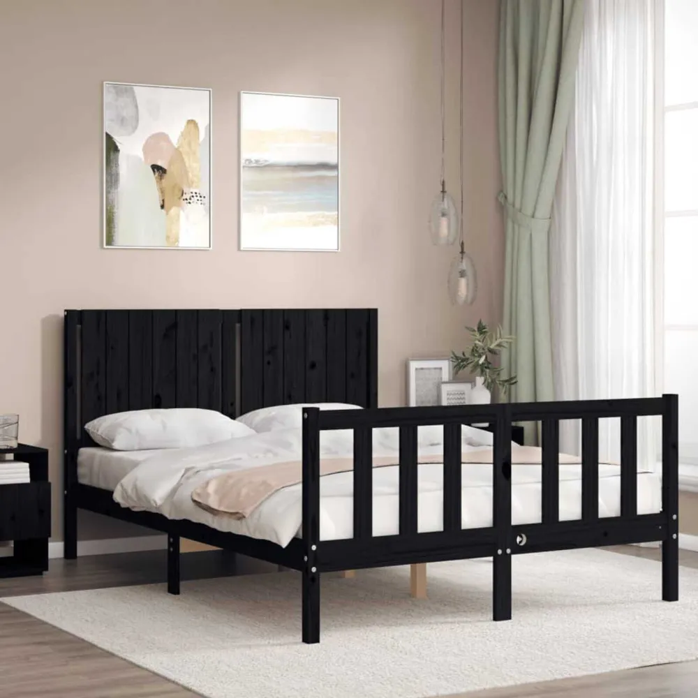Bedframe met hoofdbord massief hout zwart 140x190 cm