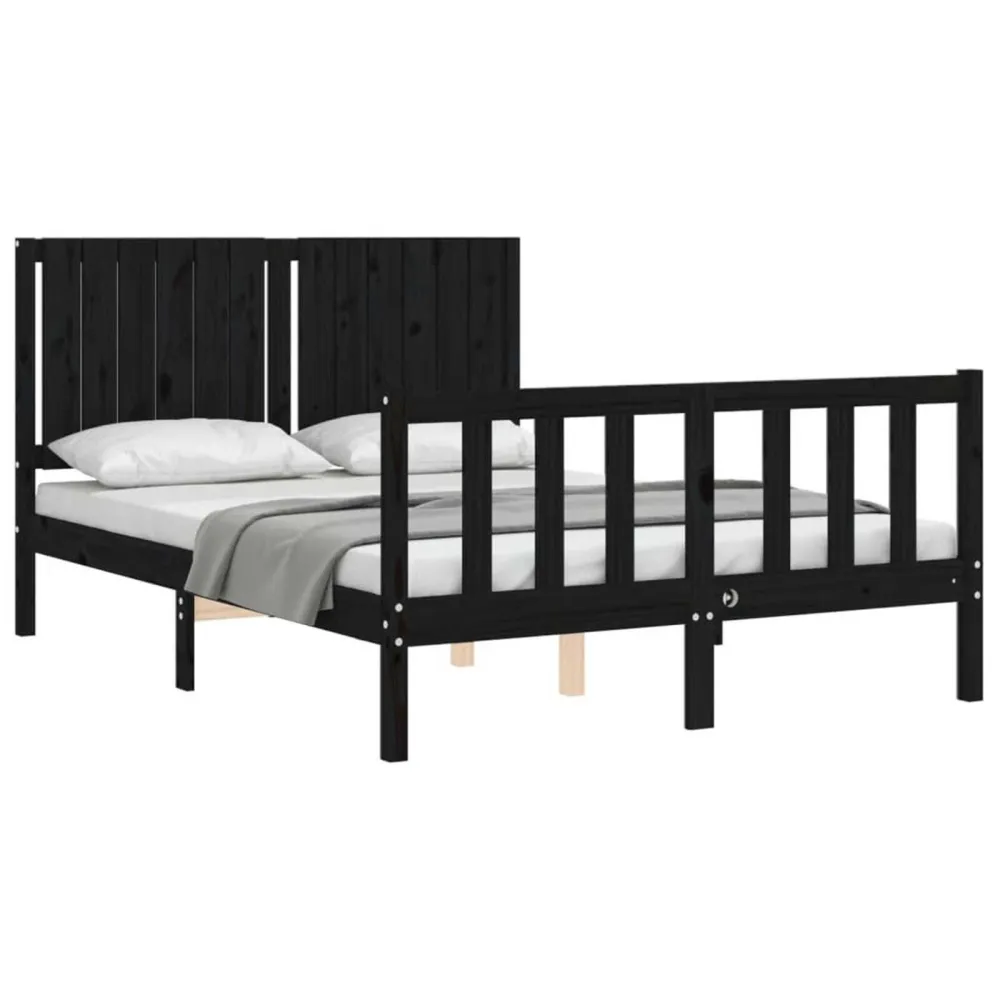 Bedframe met hoofdbord massief hout zwart 140x190 cm