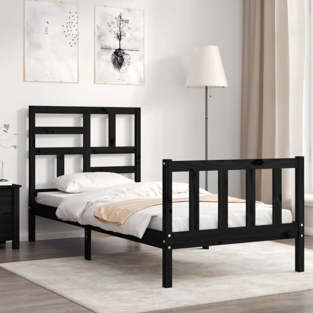 Bedframe met hoofdbord massief hout zwart