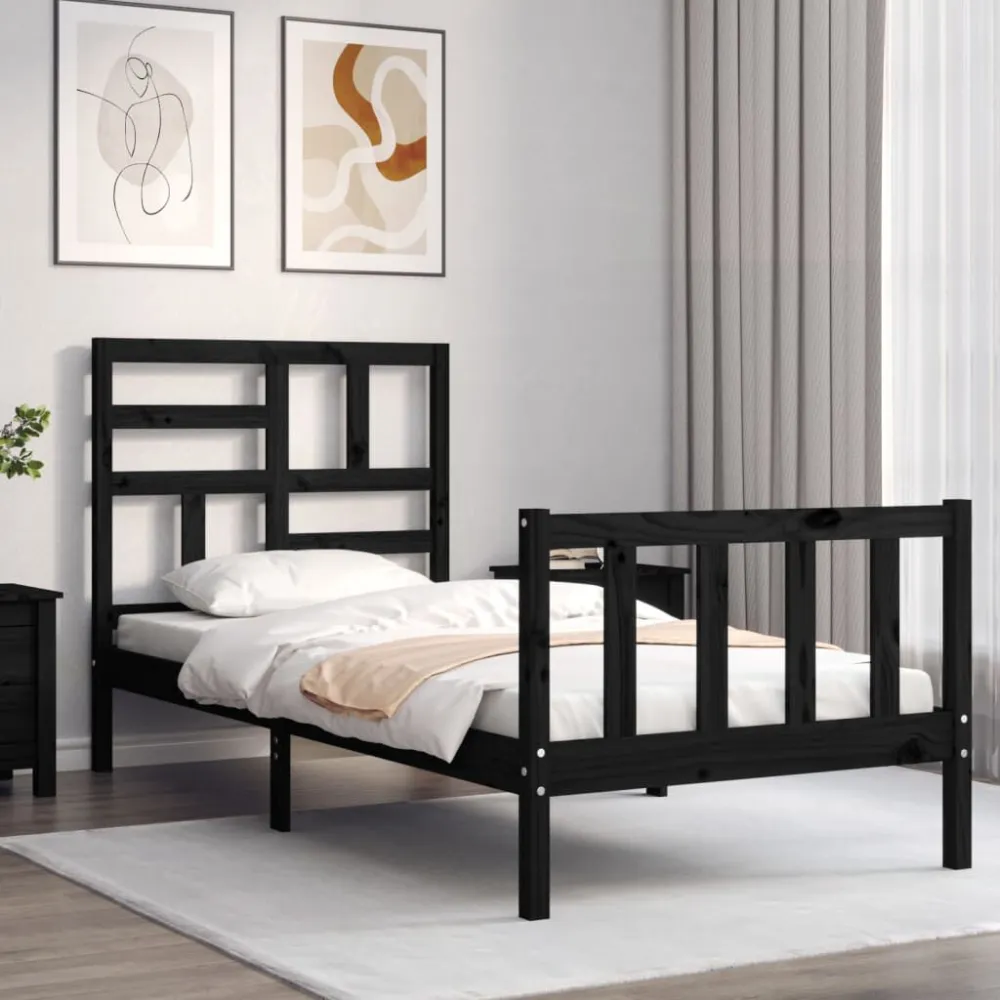 Bedframe met hoofdbord massief hout zwart