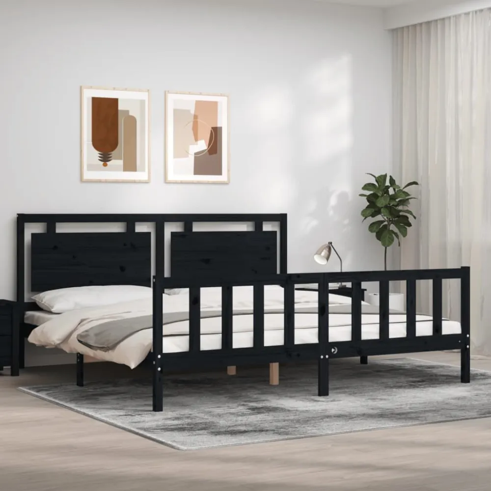 Bedframe met hoofdbord massief hout zwart 200x200 cm