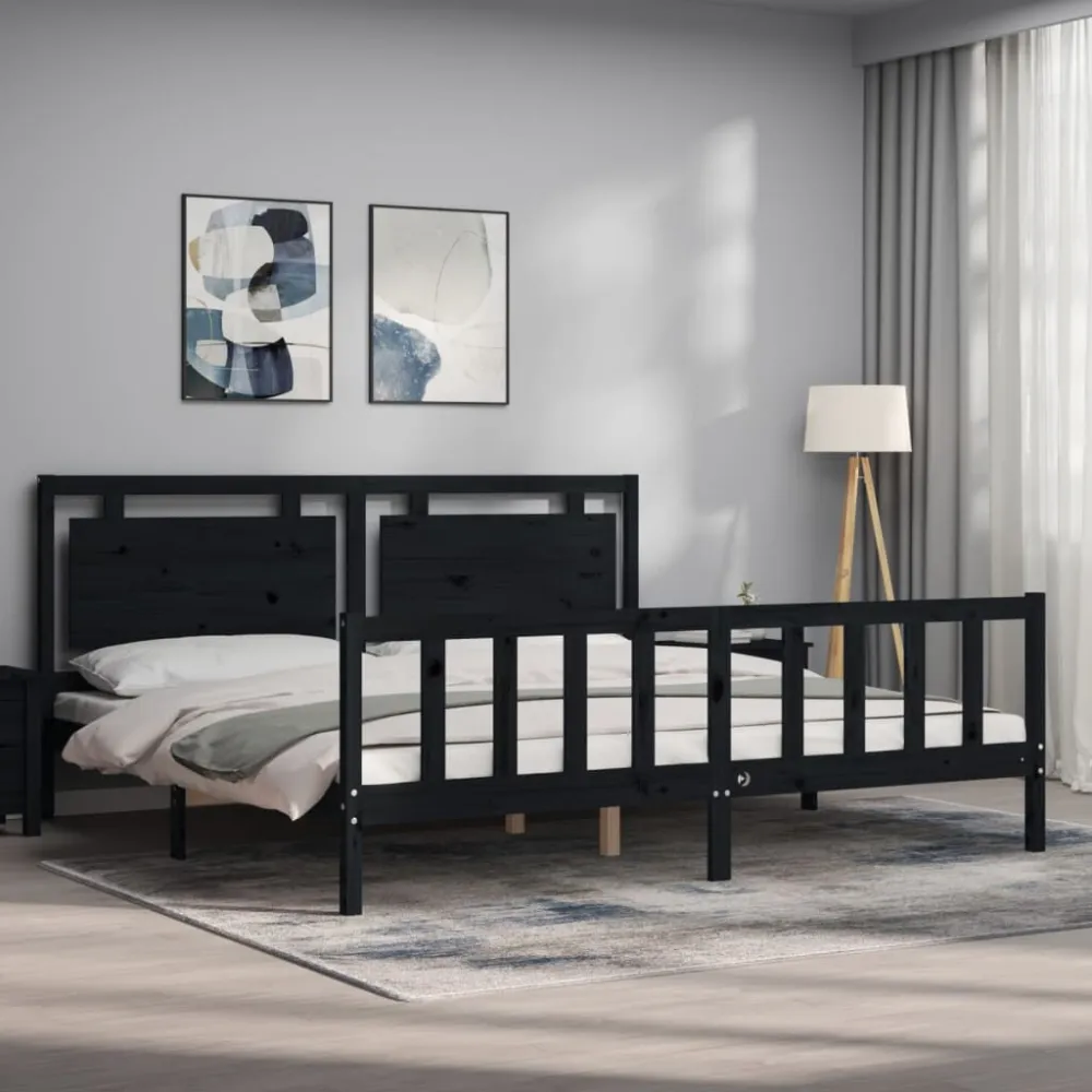 Bedframe met hoofdbord massief hout zwart 200x200 cm