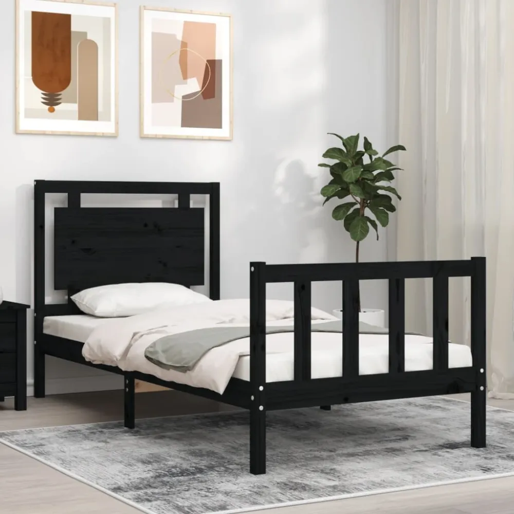 Bedframe met hoofdbord massief hout zwart