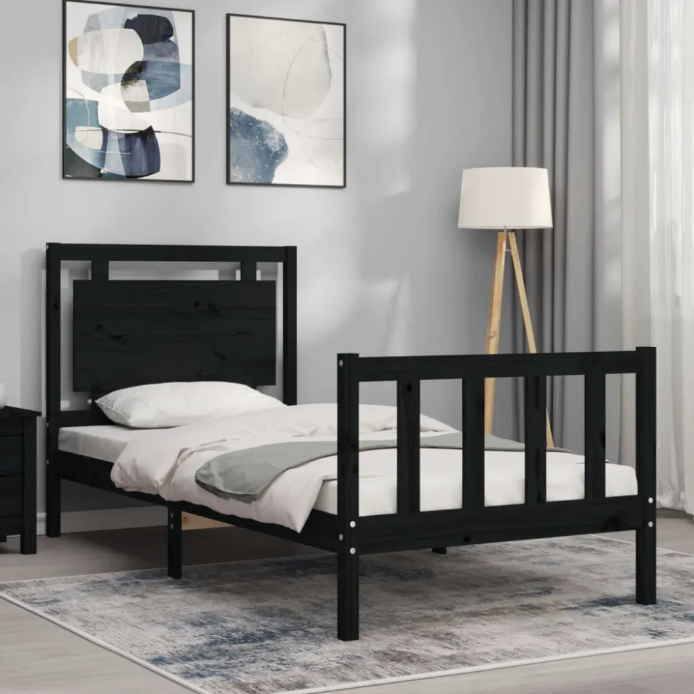 Bedframe met hoofdbord massief hout zwart