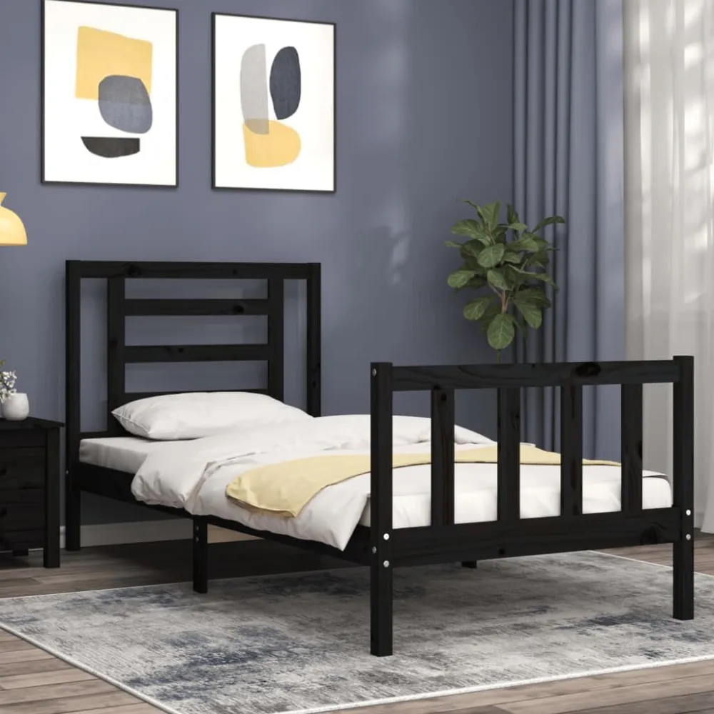 Bedframe met hoofdbord massief hout zwart