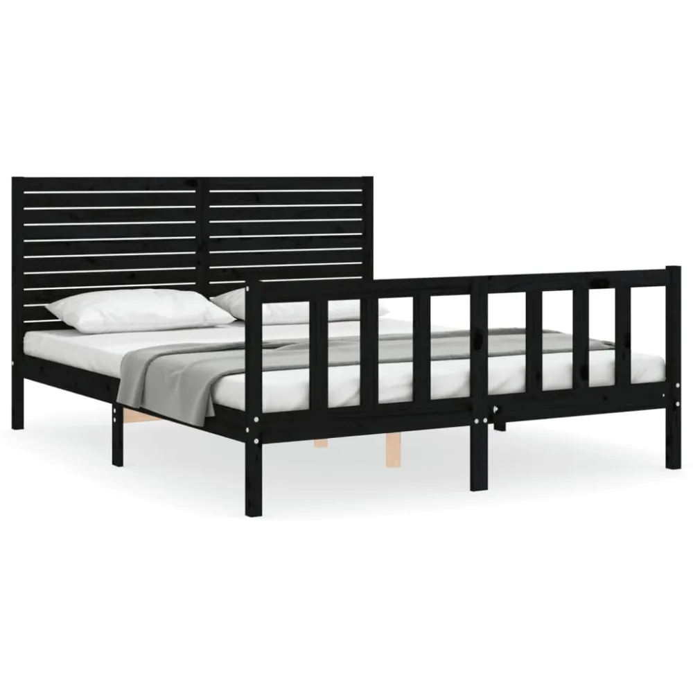 Bedframe met hoofdbord massief hout zwart