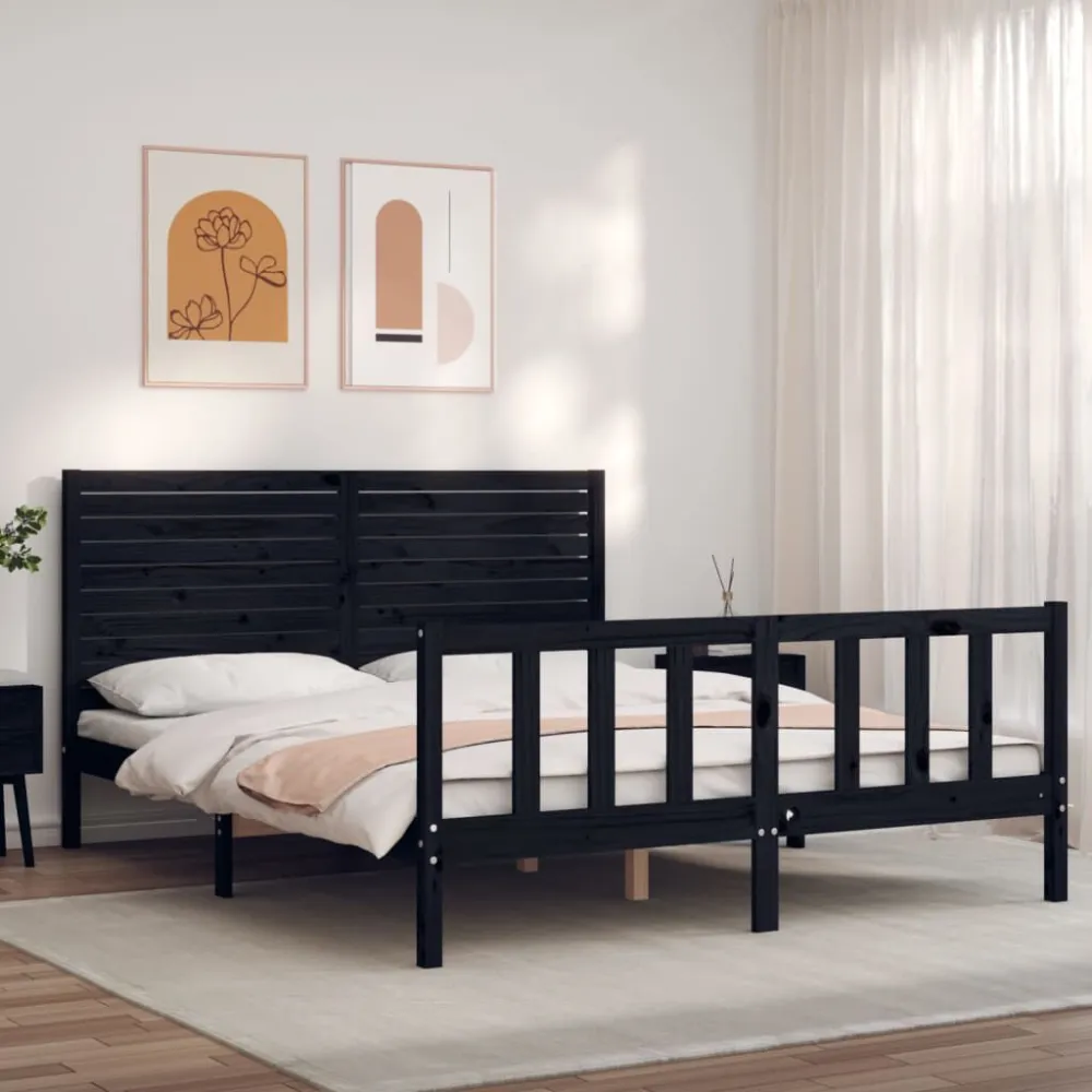 Bedframe met hoofdbord massief hout zwart