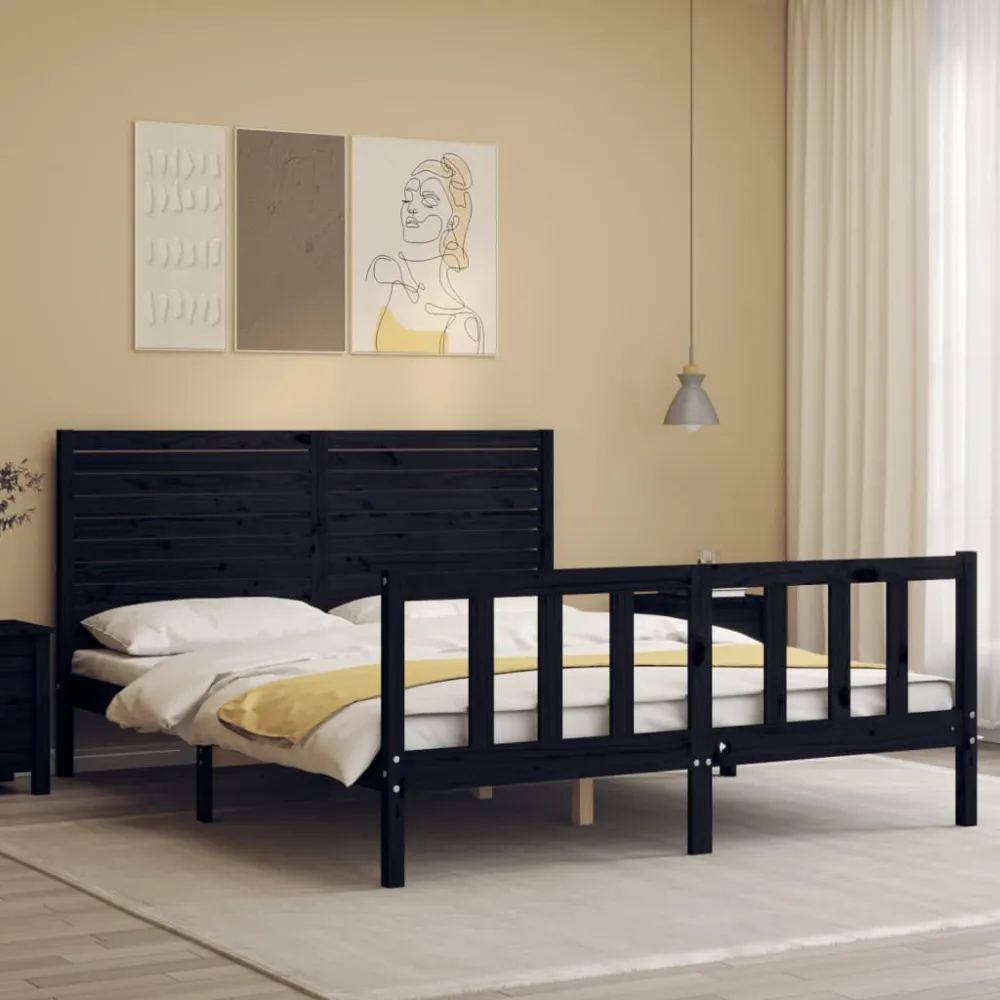 Bedframe met hoofdbord massief hout zwart