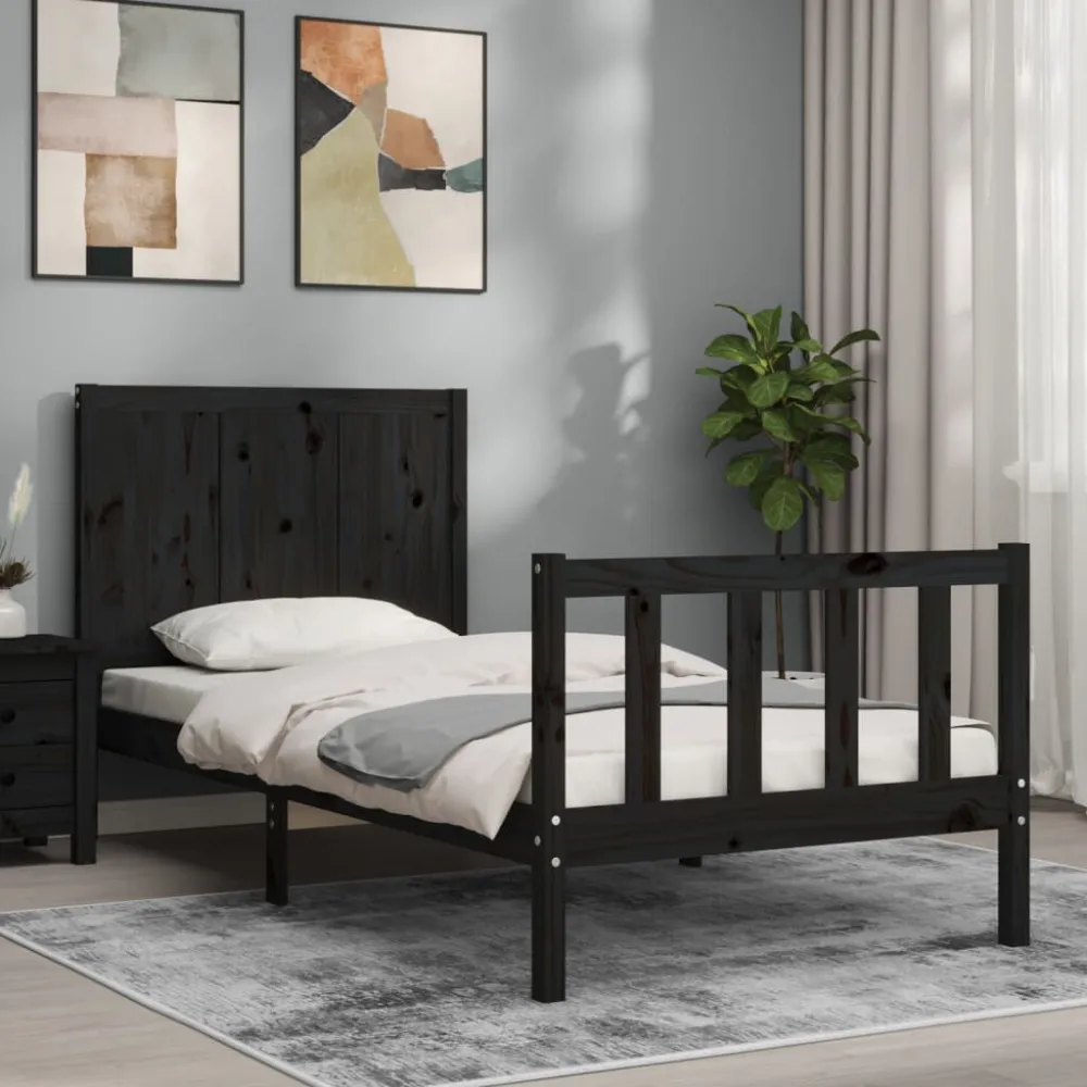 Bedframe met hoofdbord massief hout zwart