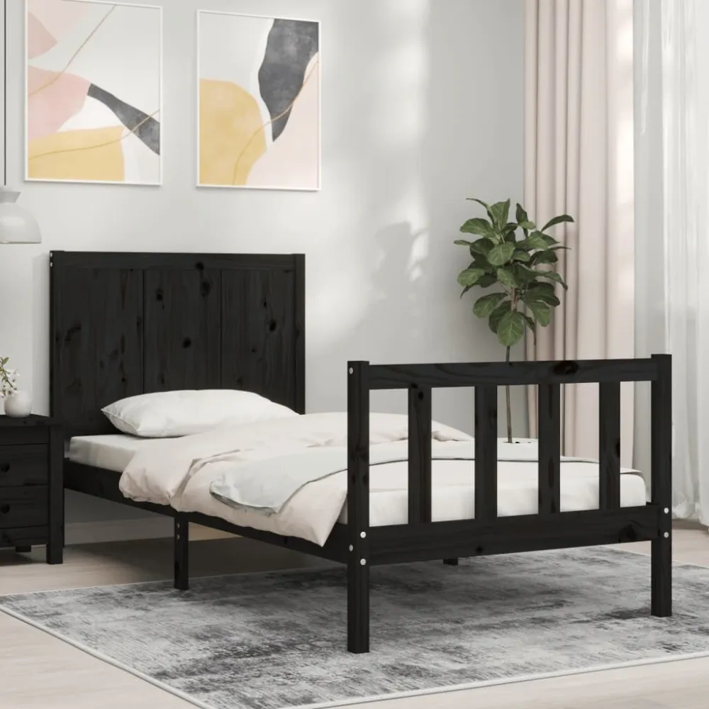 Bedframe met hoofdbord massief hout zwart