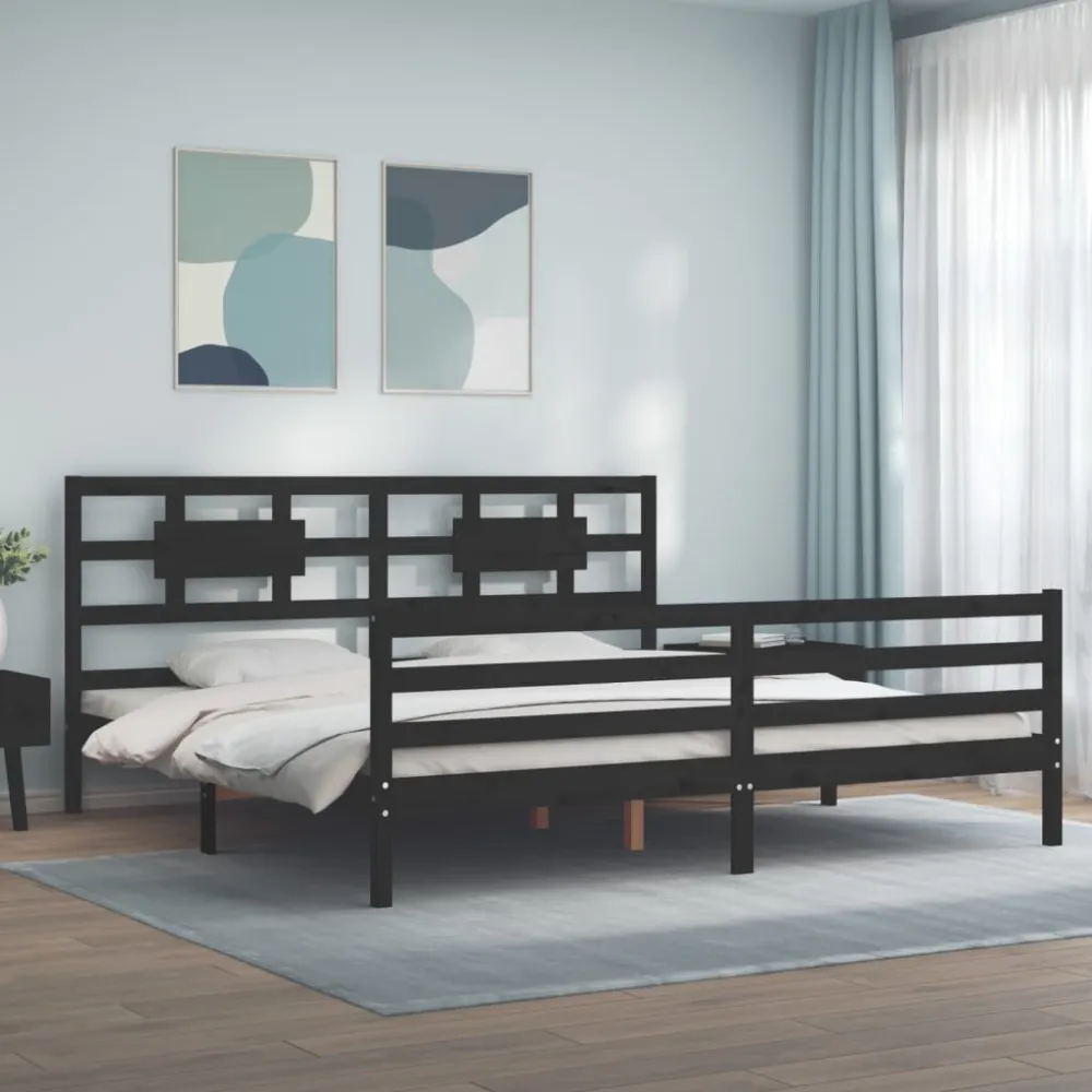 Bedframe met hoofdbord massief hout zwart 200x200 cm