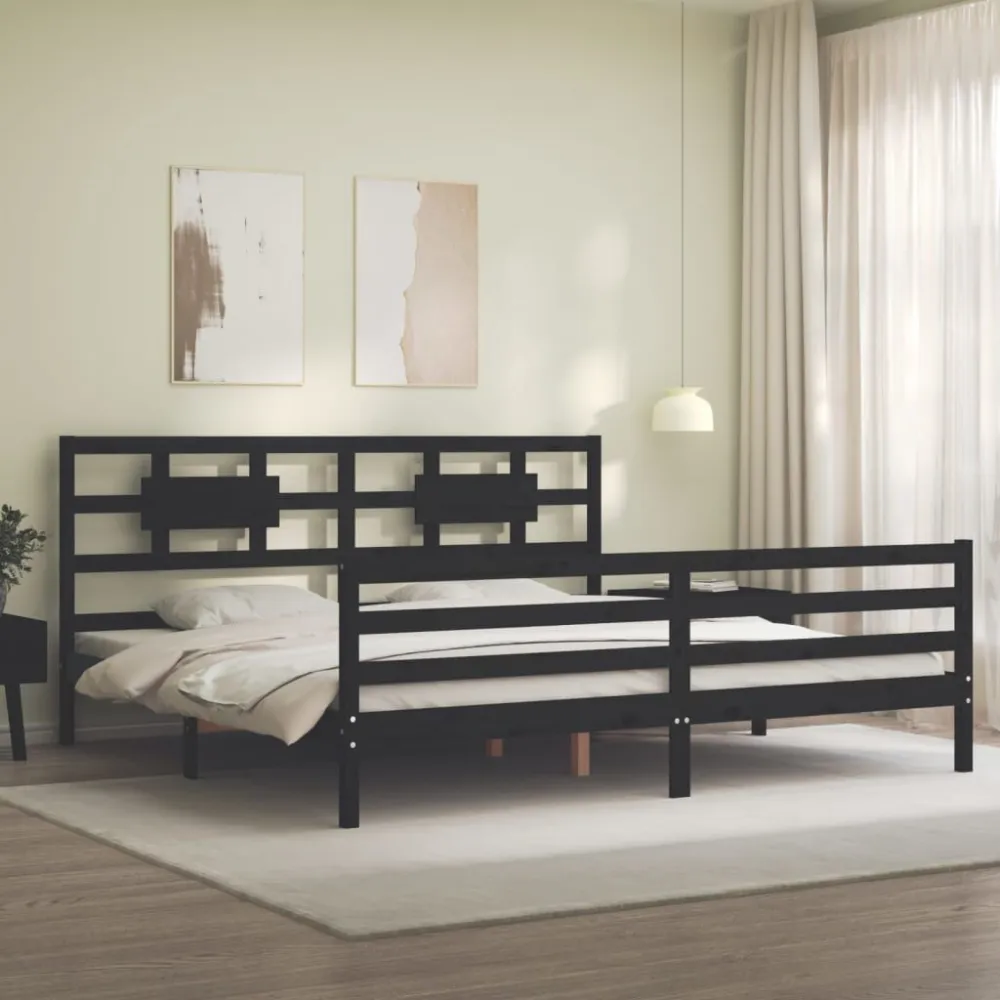 Bedframe met hoofdbord massief hout zwart 200x200 cm