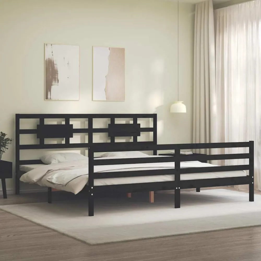 Bedframe met hoofdbord massief hout zwart 200x200 cm