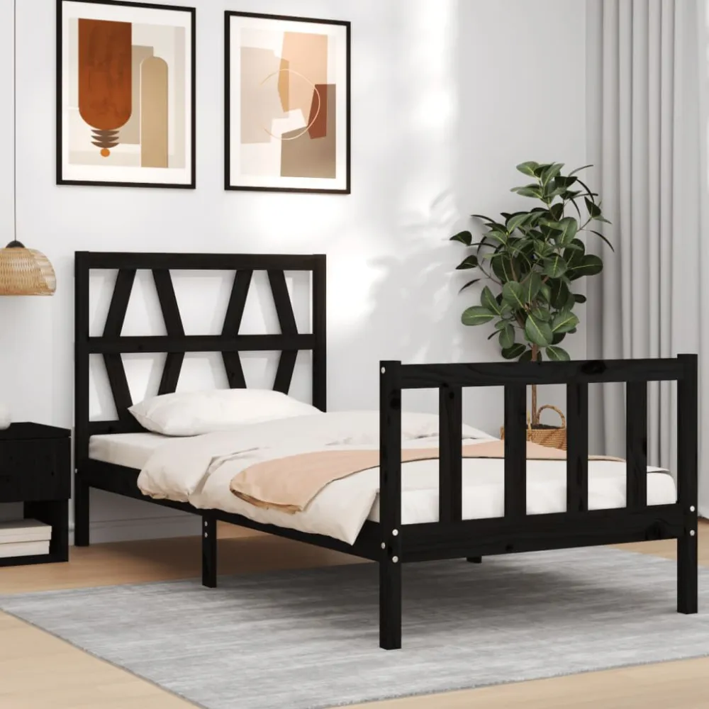 Bedframe met hoofdbord massief hout zwart 100x200 cm