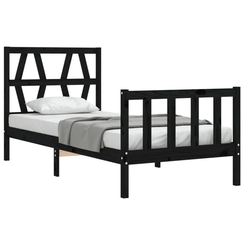 Bedframe met hoofdbord massief hout zwart 100x200 cm