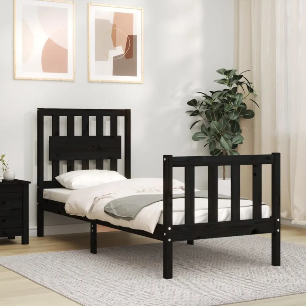 Bedframe met hoofdbord massief hout zwart