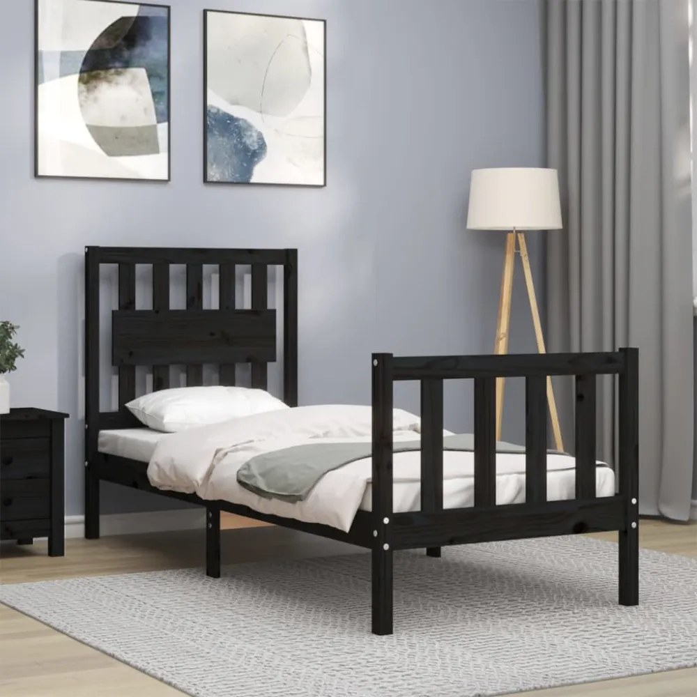 Bedframe met hoofdbord massief hout zwart