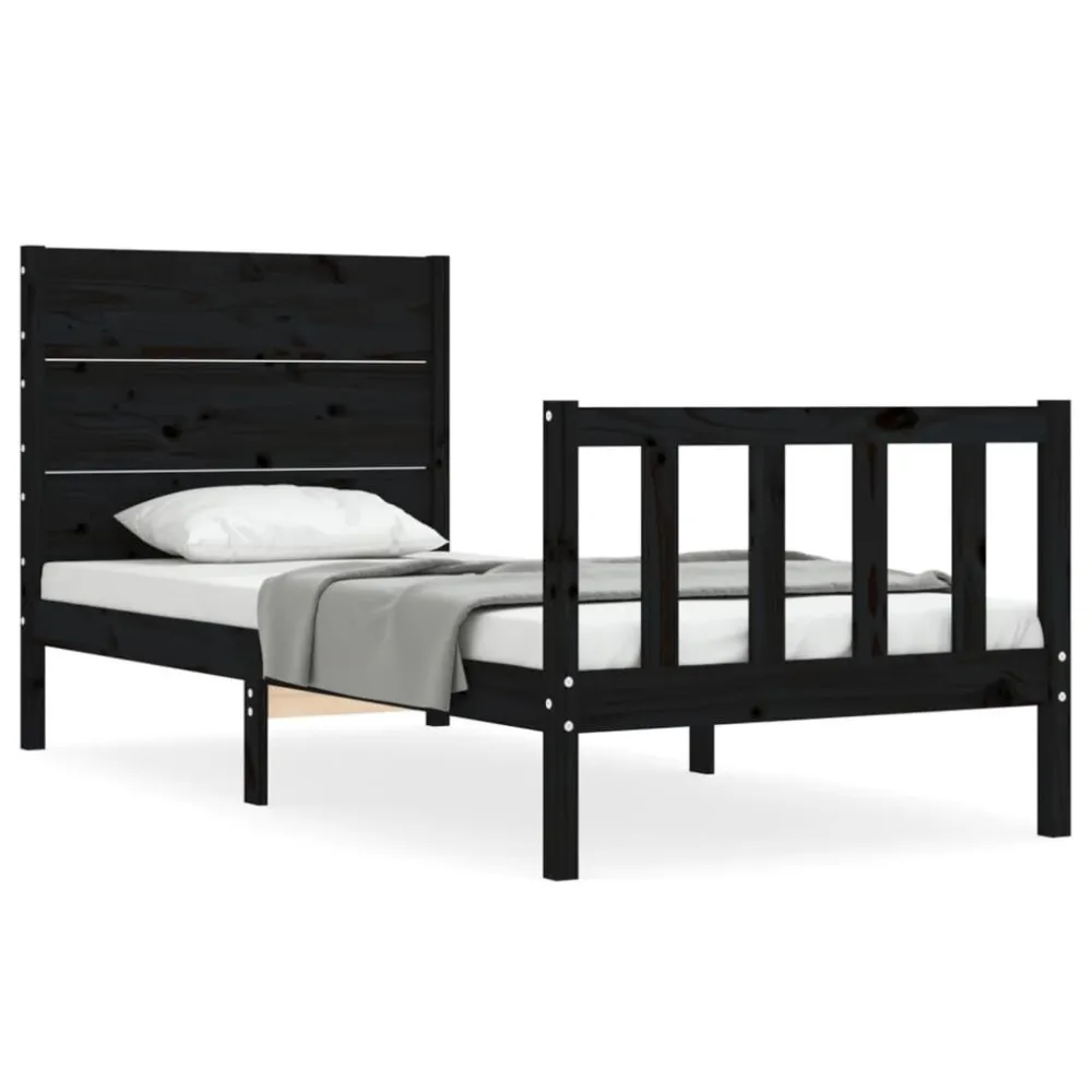 Bedframe met hoofdbord massief hout zwart