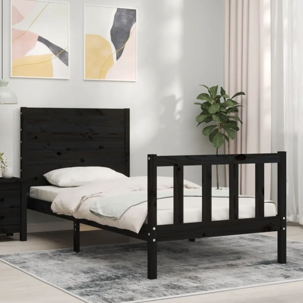 Bedframe met hoofdbord massief hout zwart
