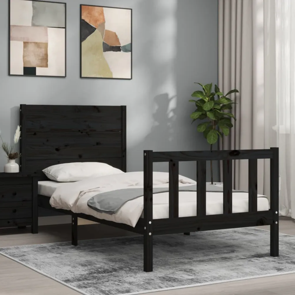Bedframe met hoofdbord massief hout zwart