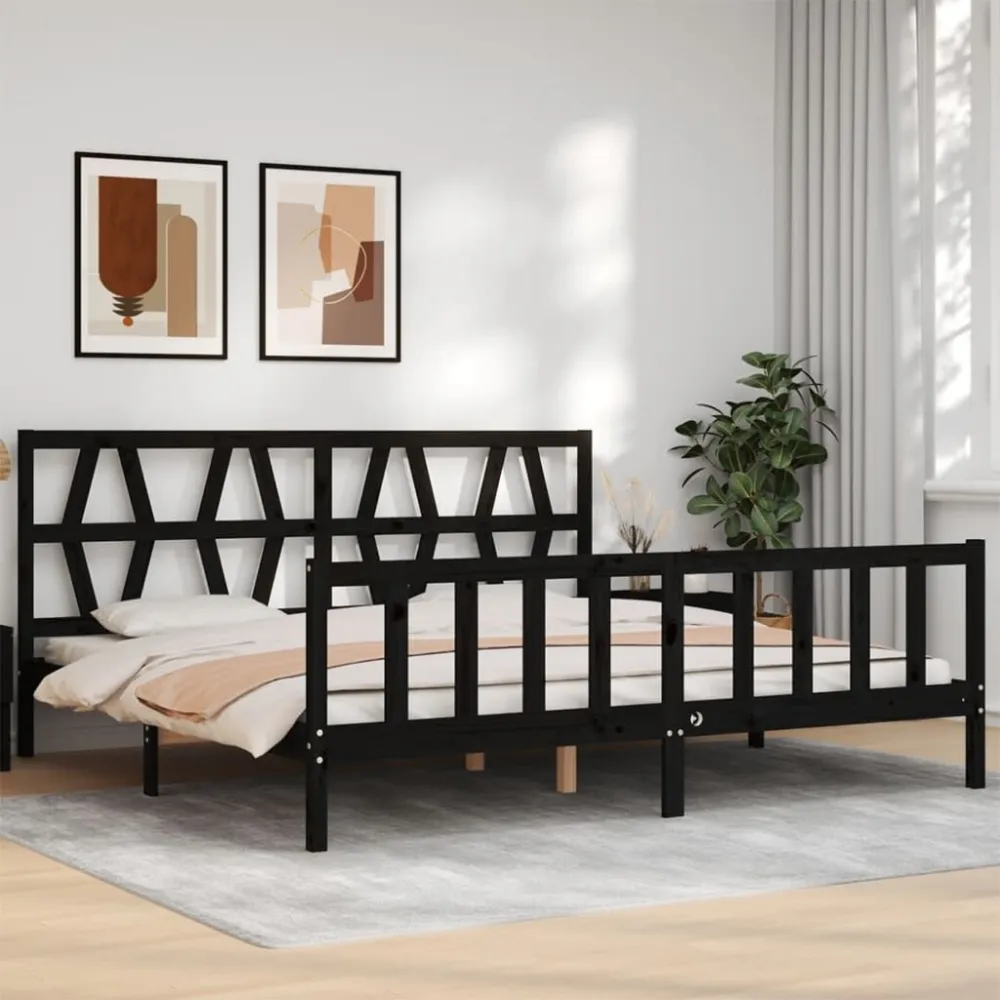 Bedframe met hoofdbord massief hout zwart 200x200 cm