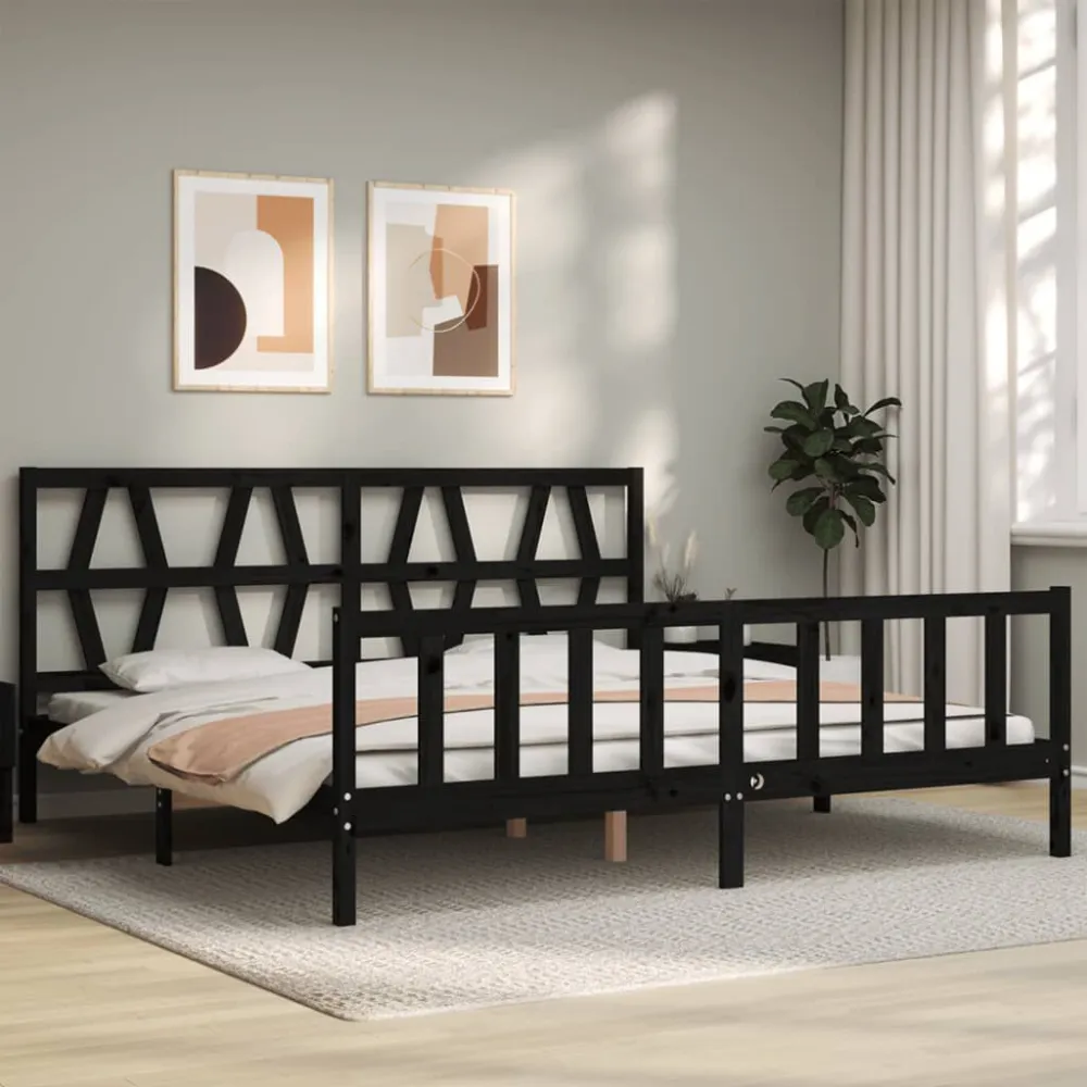Bedframe met hoofdbord massief hout zwart 200x200 cm