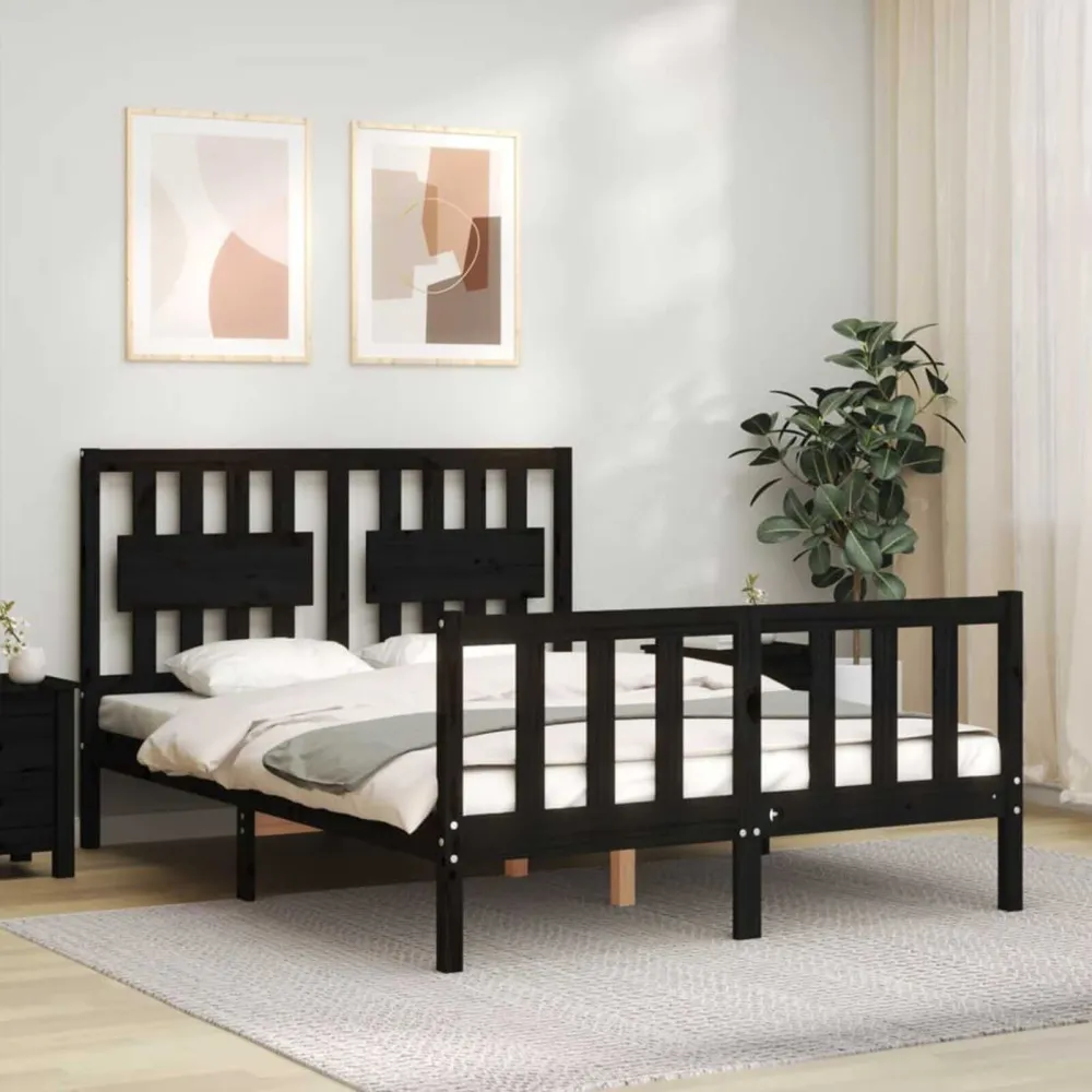 Bedframe met hoofdbord massief hout zwart 140x190 cm