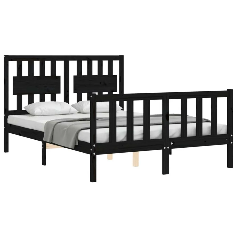 Bedframe met hoofdbord massief hout zwart 140x190 cm