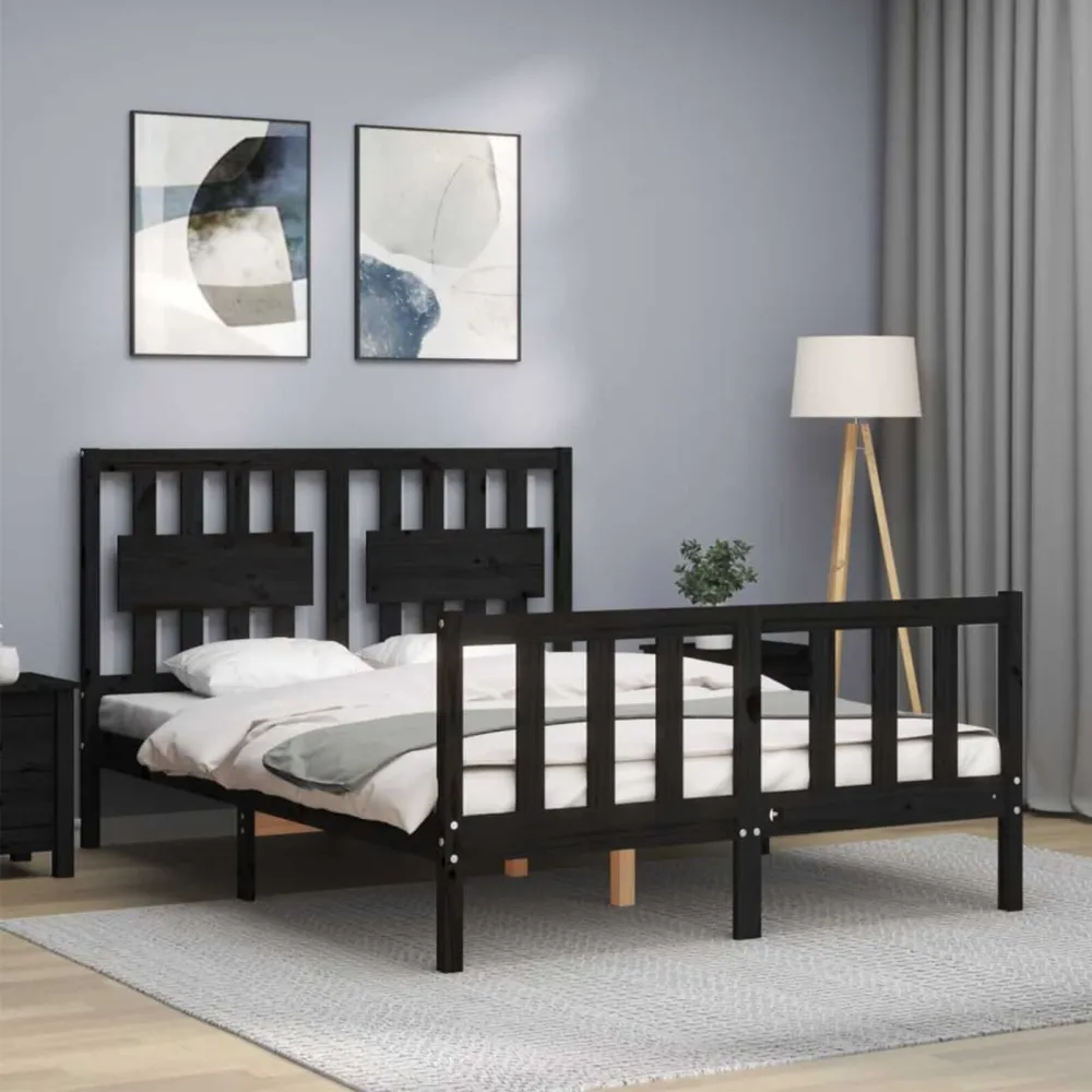 Bedframe met hoofdbord massief hout zwart 140x190 cm